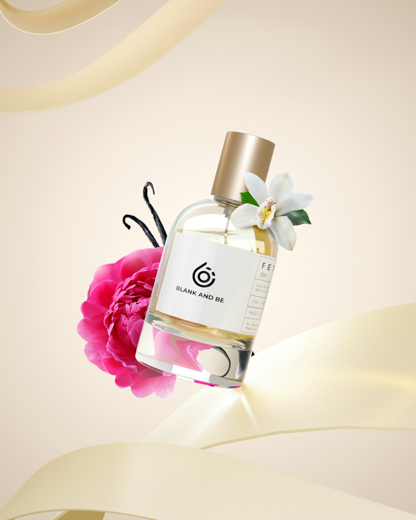 Perfume bottle accented by a flower