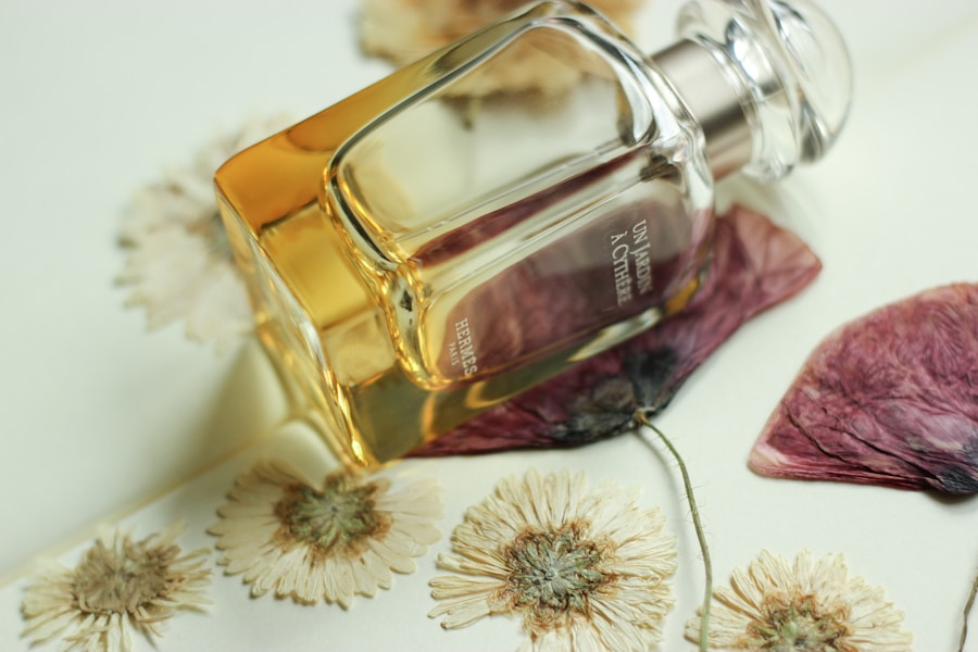 Perfume bottle resting among dried botanical materials